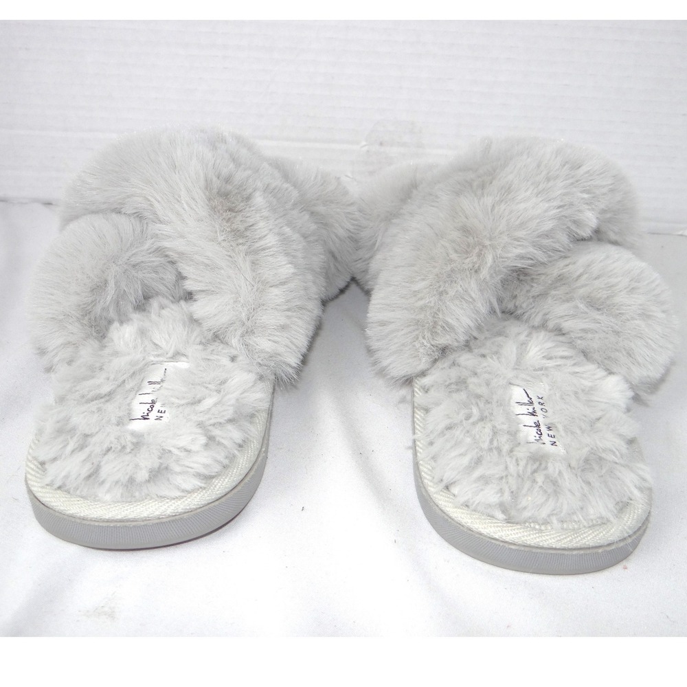 Nicole Miller New York Womens Faux Fur Criss Cross Slippers Grey Size M 6.5-7.5 - Picture 5 of 8
